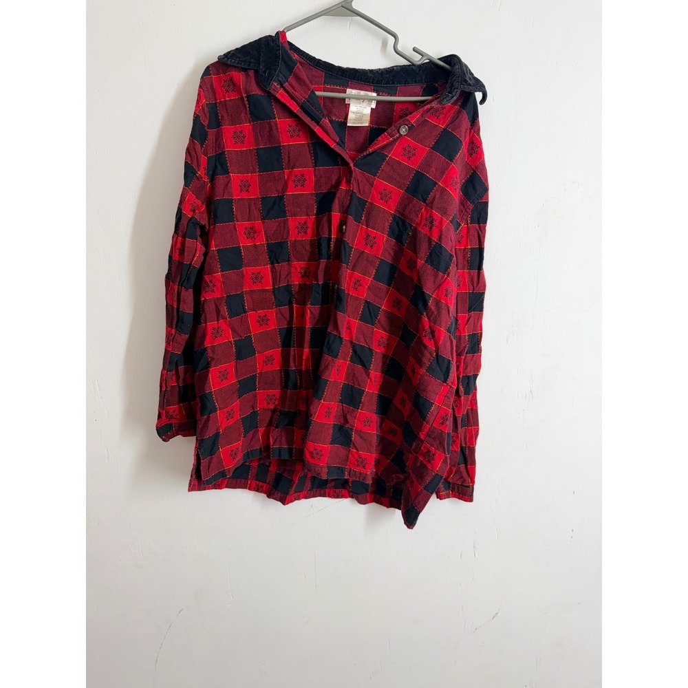 Bobbie Brooks Red Black Plaid Metallic Snowflake Shirt Corduroy Collar 18W/20W